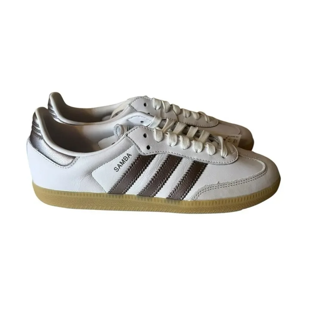 adidas NEW Samba OG Womens Low Top Leather Sneakers White/Coffee Metallic Bronze
